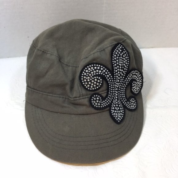 Military Green Cotton Newsboy Cap Hat w/ Rhinestones Fleur De Lis D&Y Elastafit - Picture 2 of 8